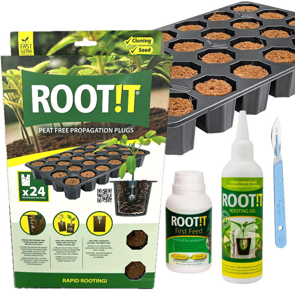 ROOT!T Peat Free 24 Plug Filled Tray, Root it Rooting Gel, First Feed