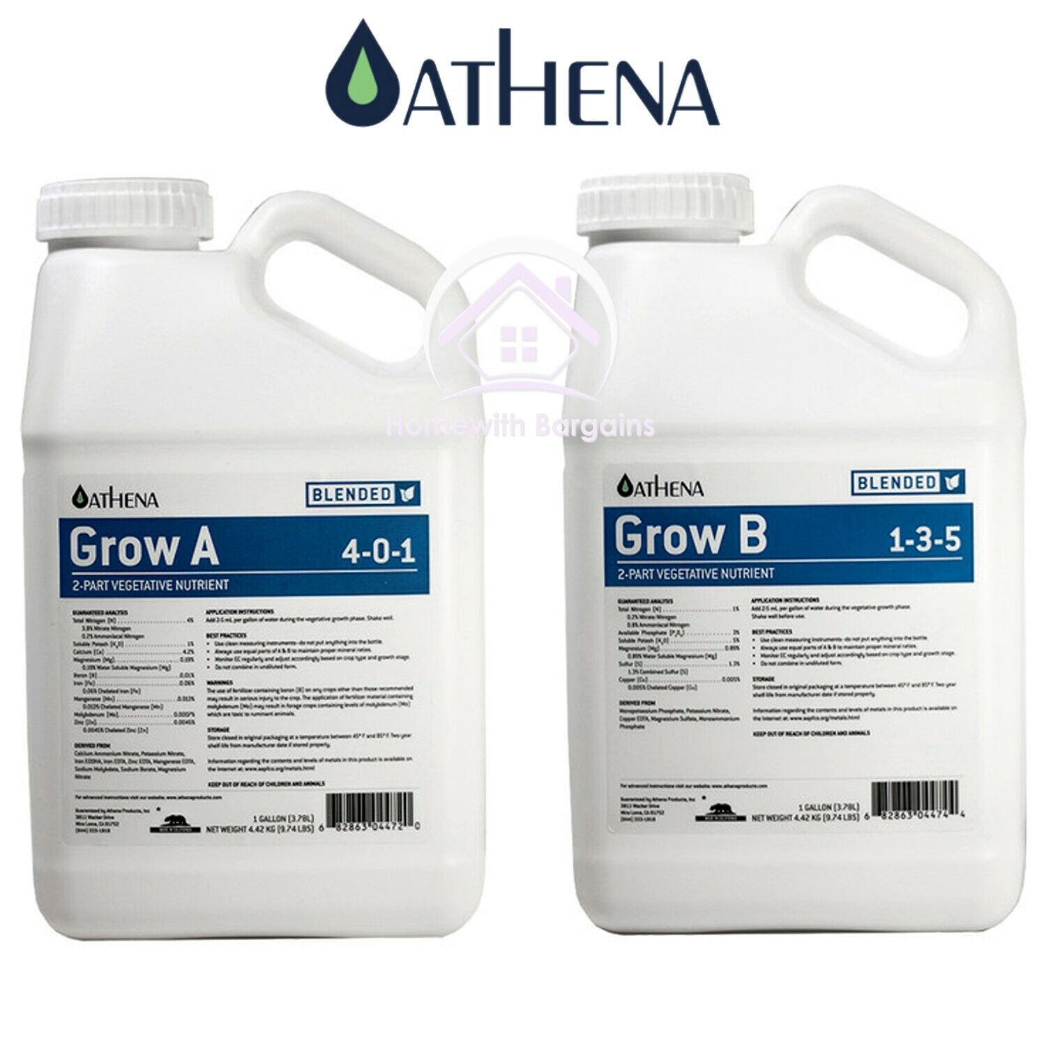 ATHENA BLENDED LINE - Grow A+B, Bloom A+B, 2 Part Feed Nutrients 3.8Ltr Bottles