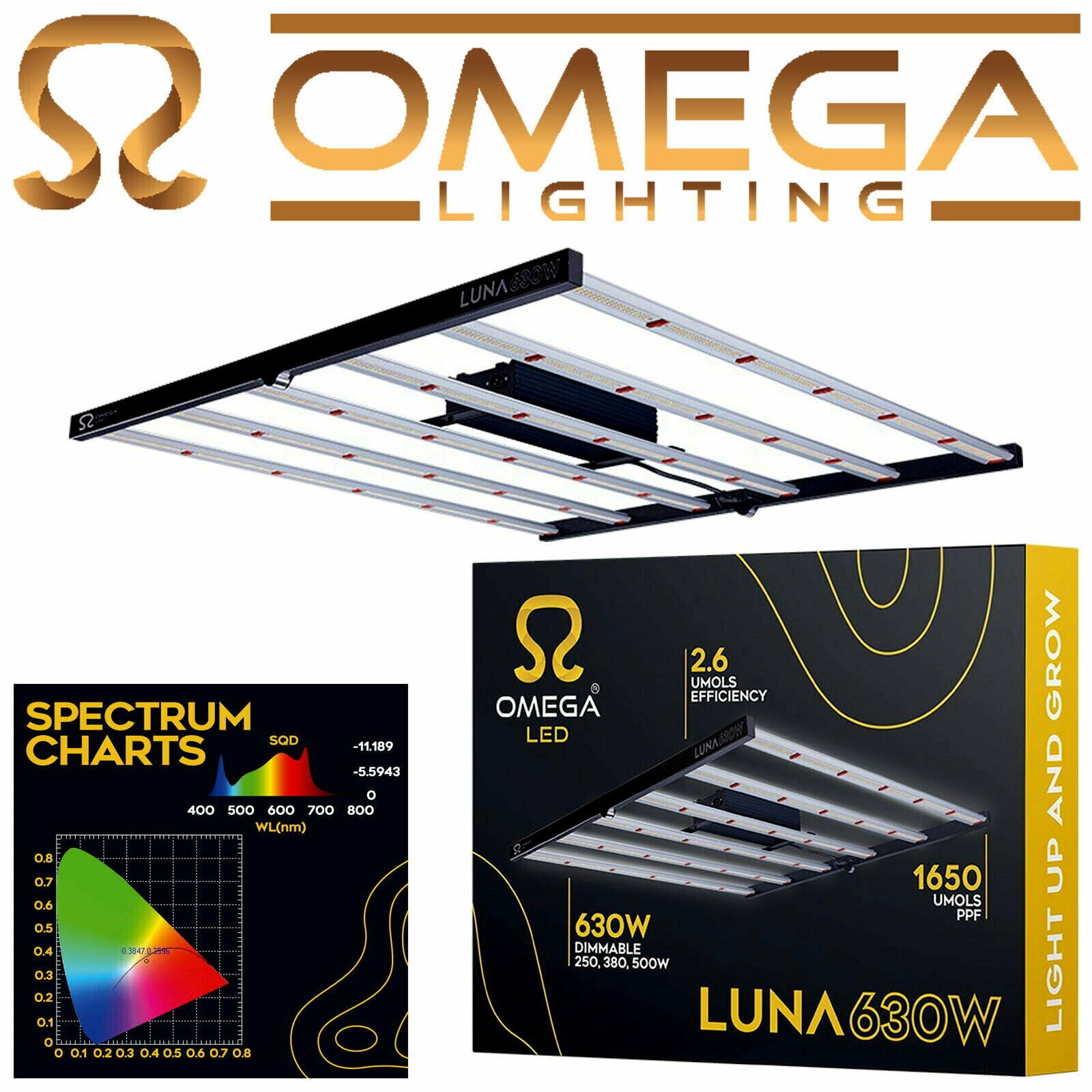 OMEGA LUNA 630w Dimmable Full Spectrum LED High Output 2.6 µmol/J Cool Running