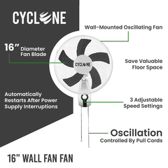 White 16" Wall Mounted Oscillating Fan 40cm 3 Speed Setting CYCLONE Air Cooling