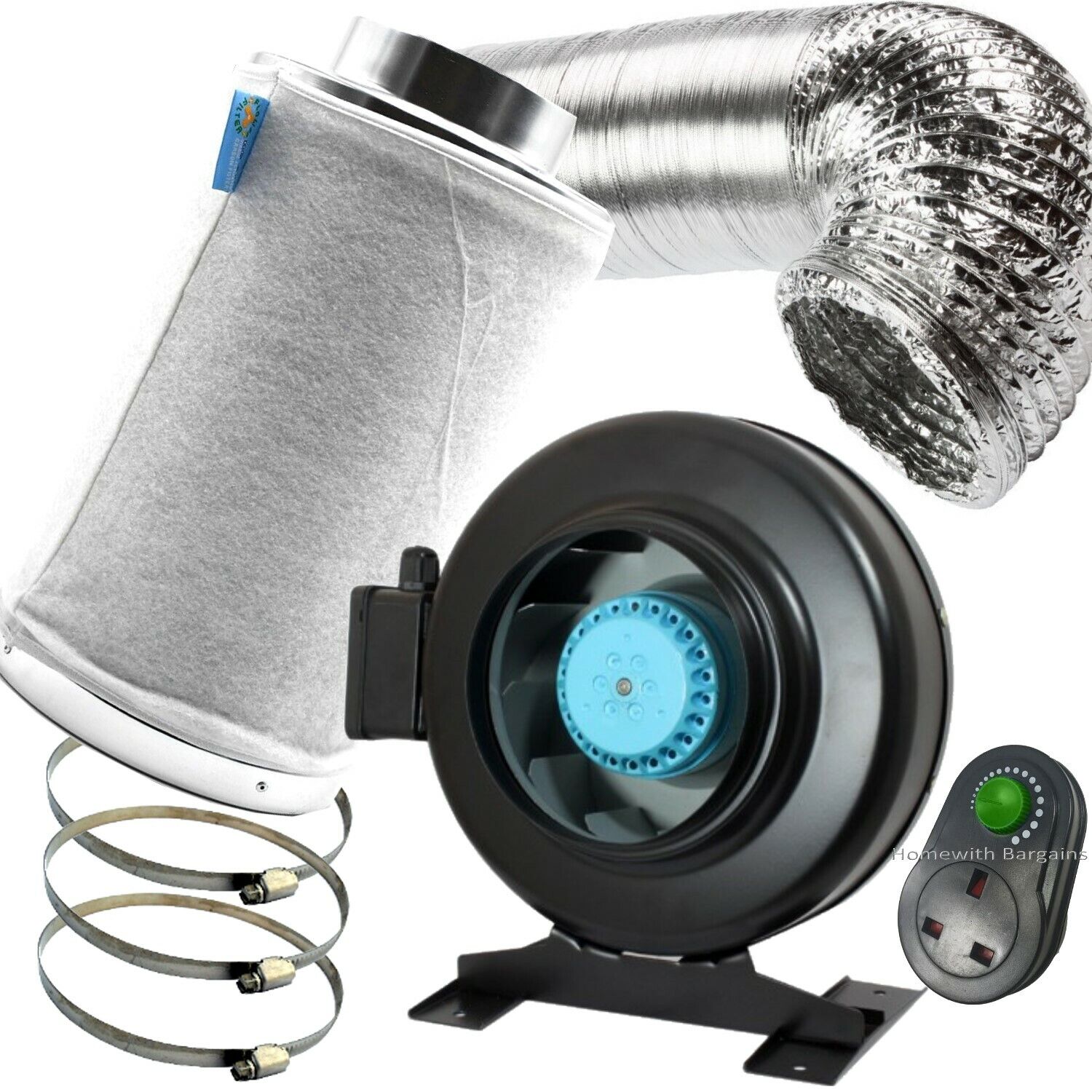 5" PRO Air Odour Control Kit: Vortex Extractor In-Line Fan Carbon Filter Ducting
