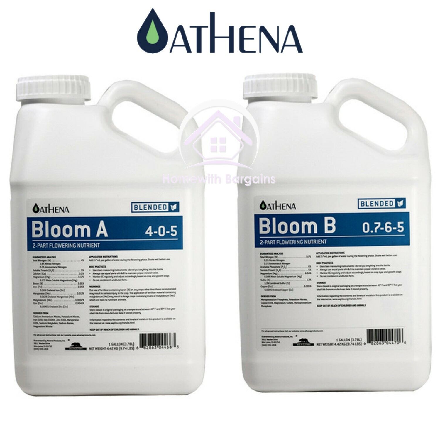 ATHENA BLENDED LINE Grow A+B, Bloom A+B, 2 Part Feed Nutrients 3.8Lt