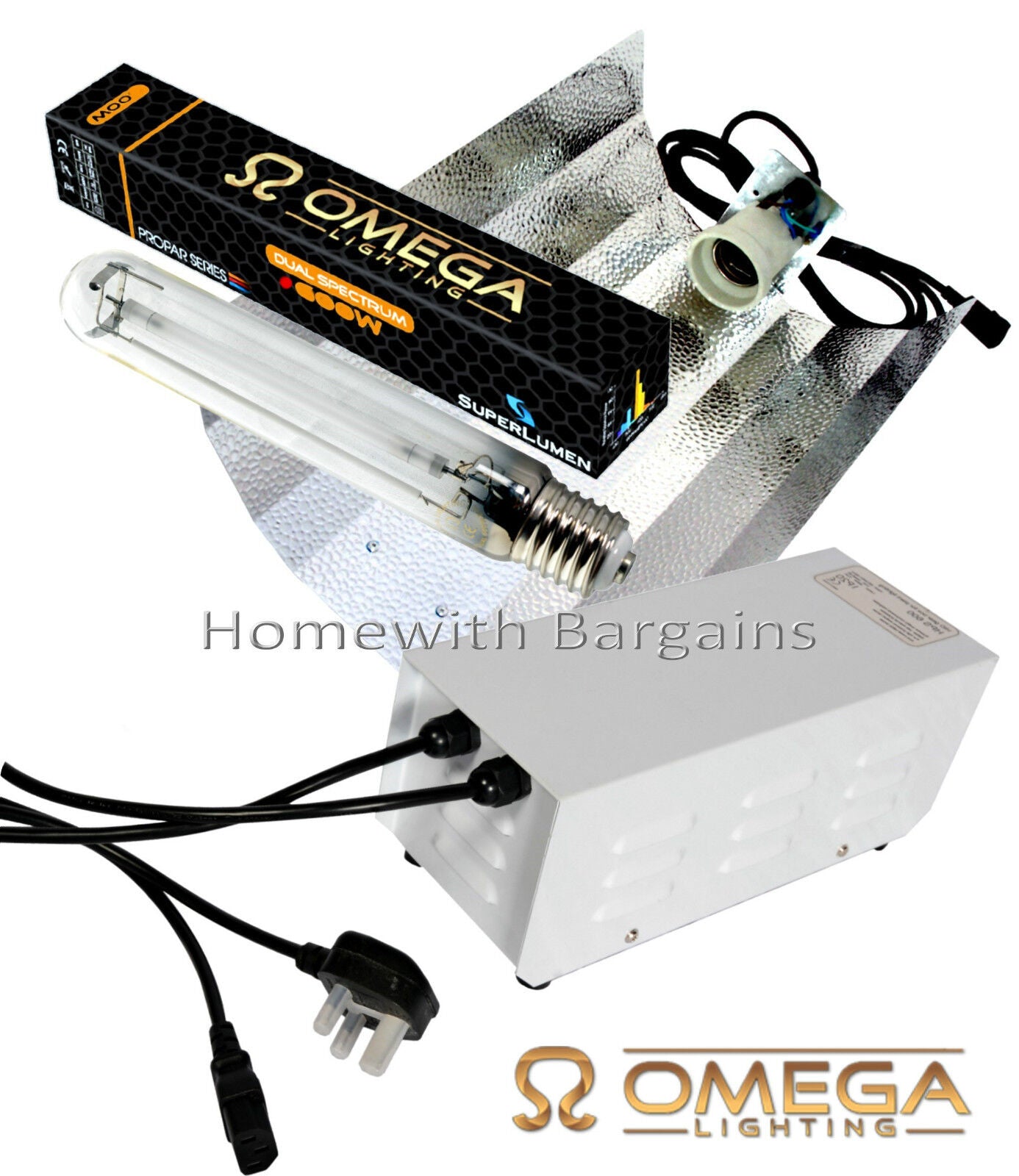 250w 400w 600w OMEGA Metal Ballast Grow Light Kit, HPS Dual Spectrum Bulb, Hood