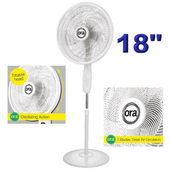 ORA 18" Pedestal 3 Speed Oscillating Fan - 5 Fan Blade Oscillation 3m Cable, 55w