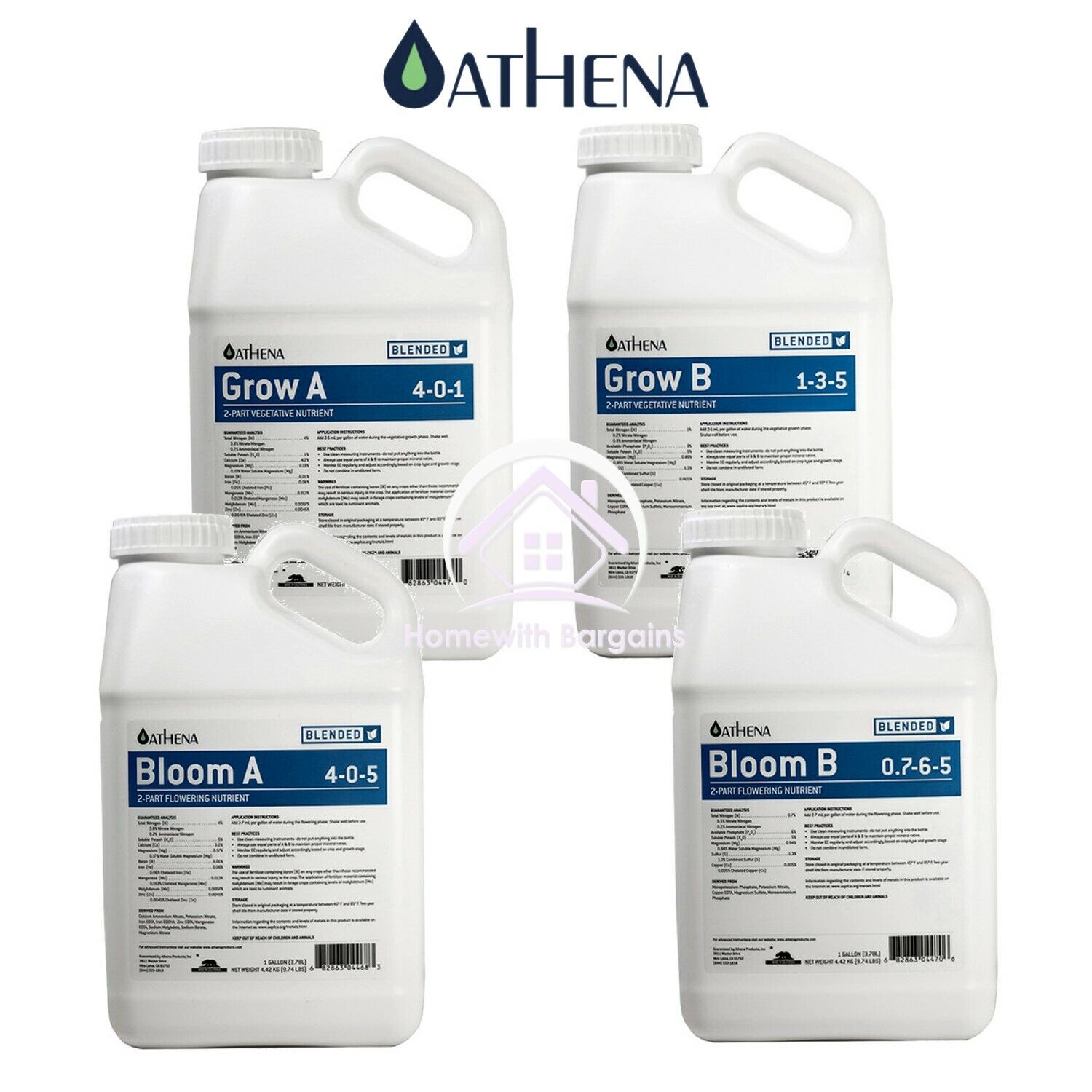 ATHENA BLENDED LINE Grow A+B, Bloom A+B, 2 Part Feed Nutrients 3.8Lt